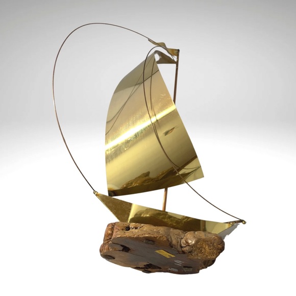 Vintage Brass Sailboat Sculpture Burlwood Base Windsurfer Nautical Handmade 15” - Picture 8 of 10